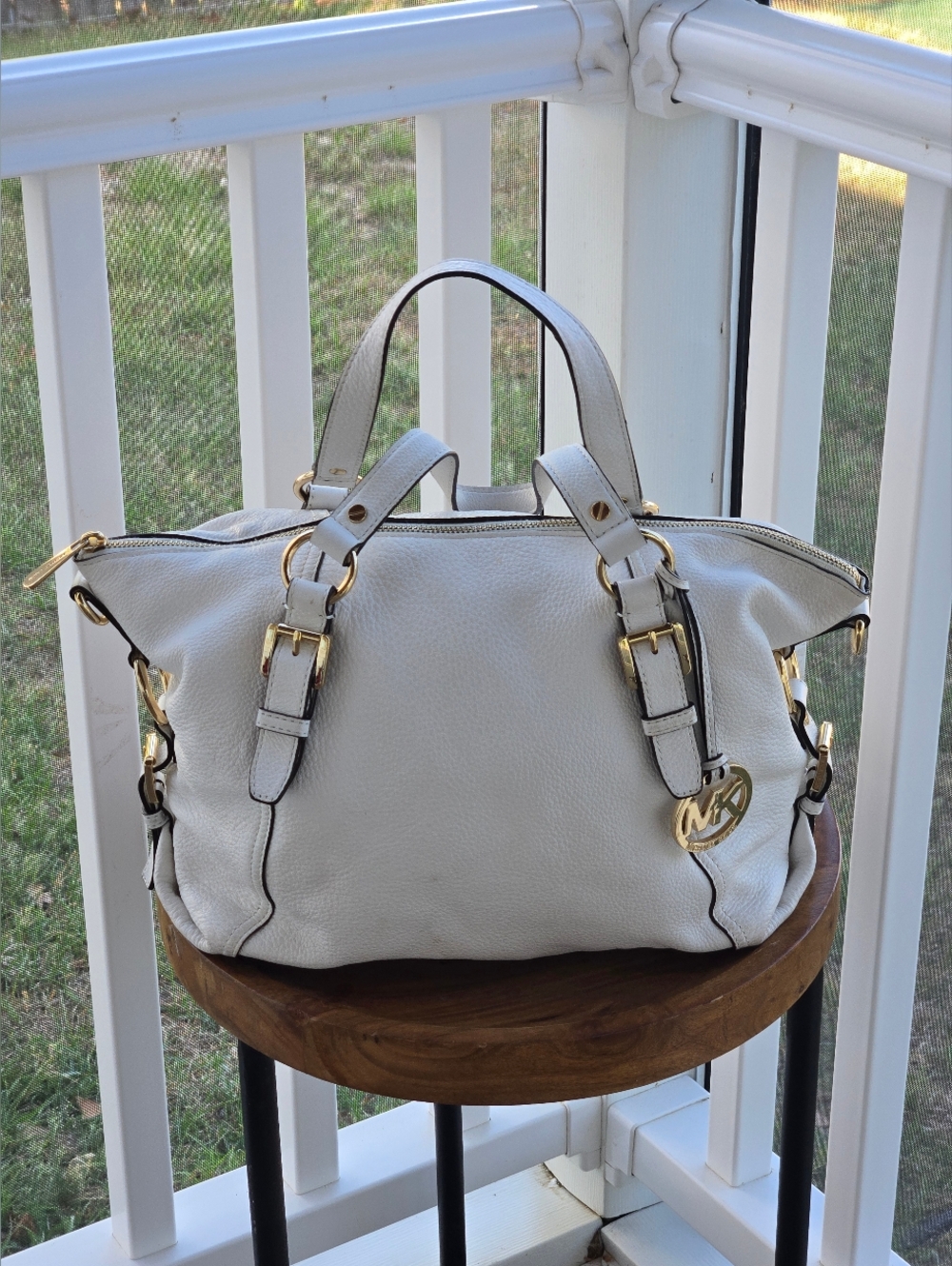 Michael Kors Ivory Pebbled Leather Satchel with Gold Hardware